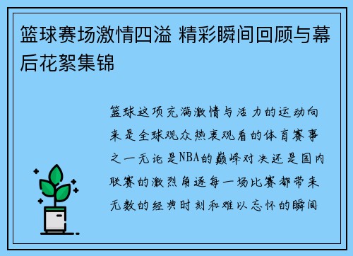 篮球赛场激情四溢 精彩瞬间回顾与幕后花絮集锦