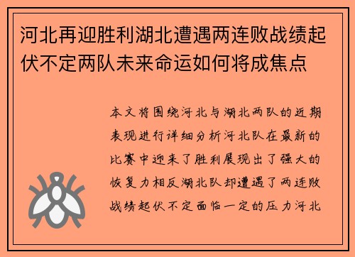 河北再迎胜利湖北遭遇两连败战绩起伏不定两队未来命运如何将成焦点