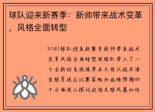球队迎来新赛季：新帅带来战术变革，风格全面转型